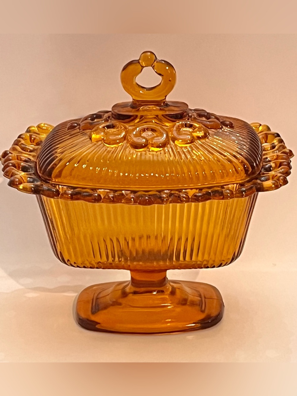 Vintage Indiana Glass Amber Pedestal Candy Dish w/ Lid Grannycore Grandmacore